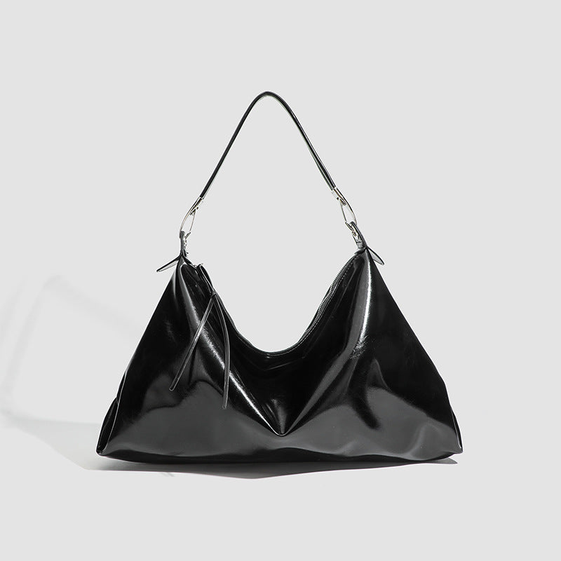 Glossy structured shoulder tote bag with silver-tone hardware and top zip closure, detail view 6