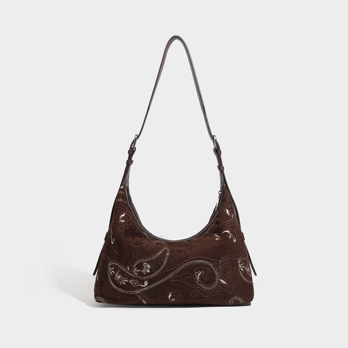 Deep chocolate suede-look hobo shoulder bag with tonal paisley floral embroidery, smooth dark leather-look trim, top zip