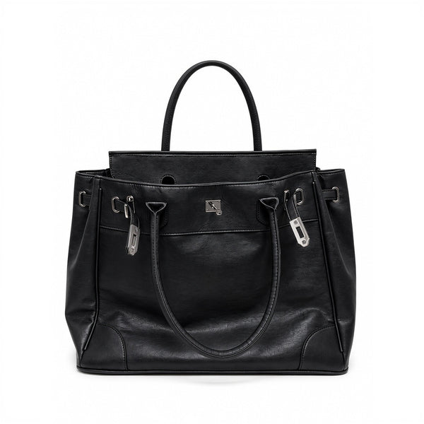 Large structured tote bag with turn-lock closure, silver-tone buckle hardware, and twin rolled handles, detail view 19