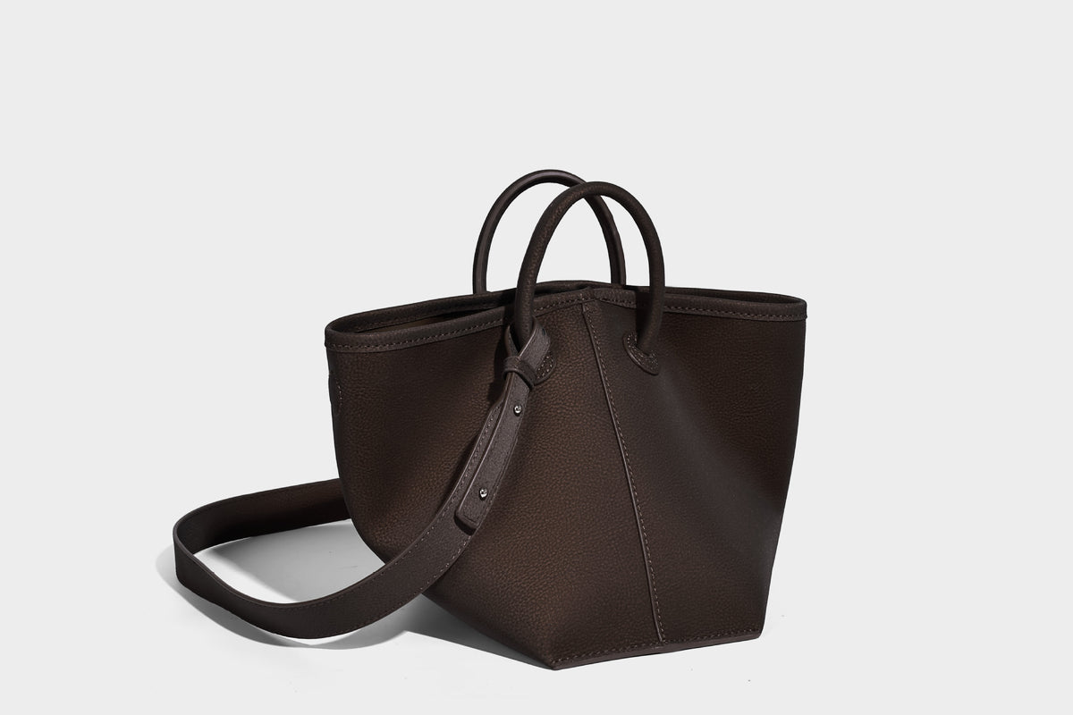 Small structured matte pebbled tote bag with twin top handles and removable zip pouch, detail view 12