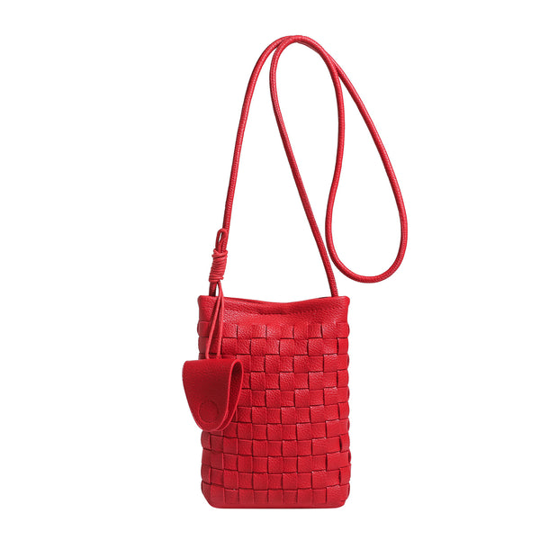 Mini woven square-pattern crossbody phone bag with long cord strap and front snap flap pocket in red textured leather-look