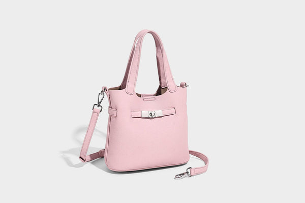 Kleine formstabile Tote-Bag mit genarbter Oberfläche, silberfarbenem Drehverschluss und zwei Henkeln, Detailansicht 23