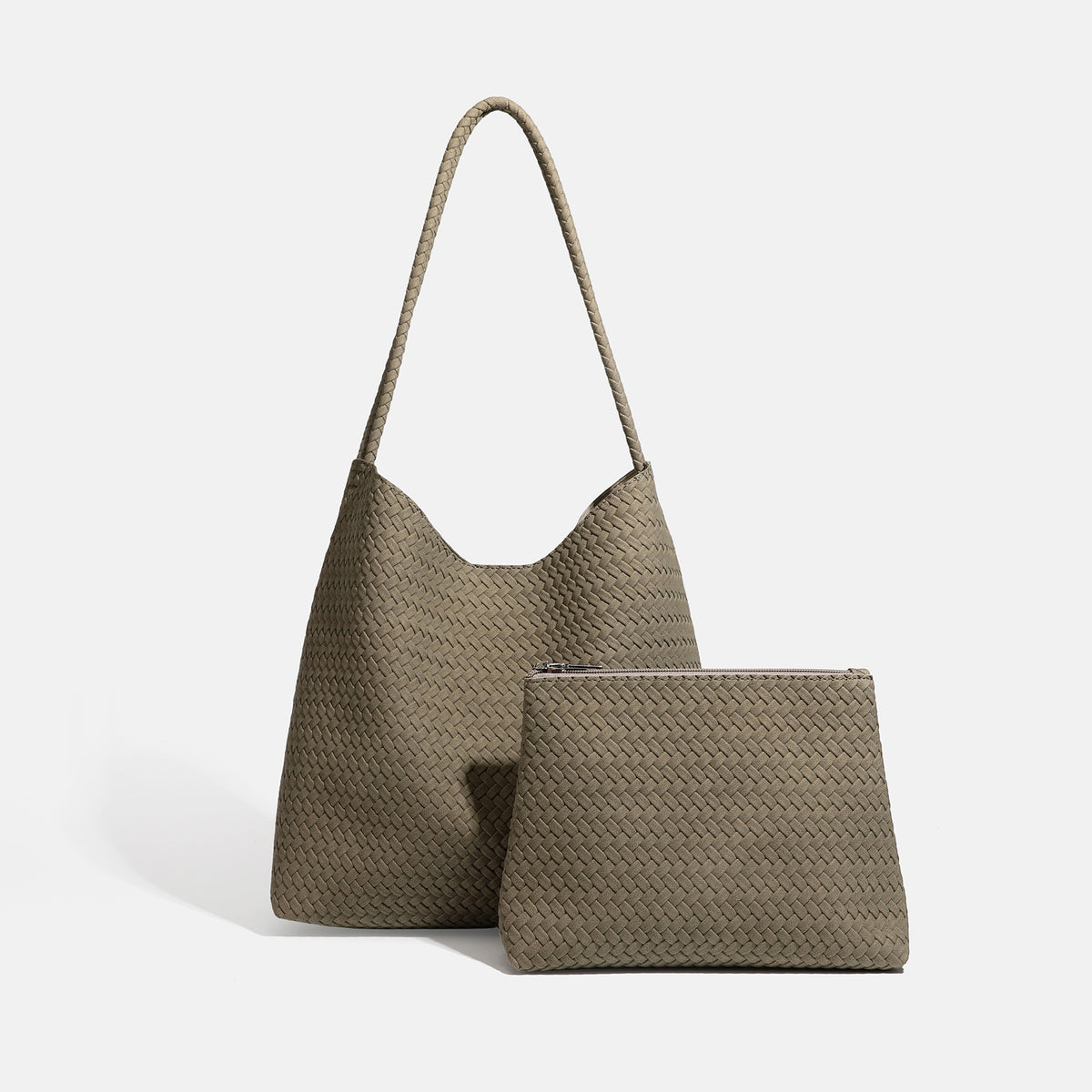 Large woven hobo shoulder bag with braided strap and matching zip pouch in dark brown, detail view 9