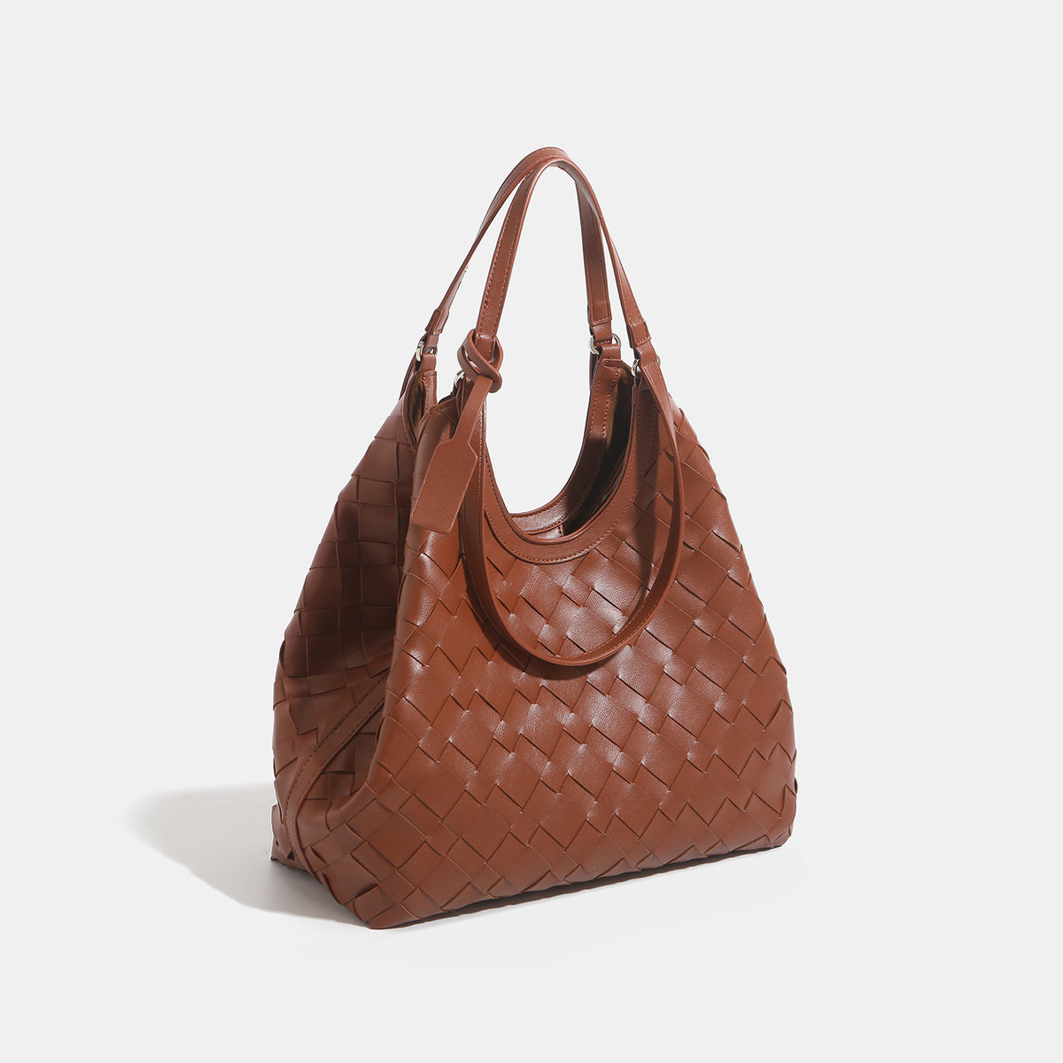 Large woven leather-look tote bag with open top and dual shoulder handles, detail view 3