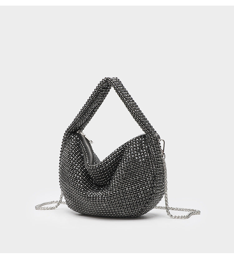 All-over crystal rhinestone hobo bag with silver chain strap and top handle, top zip closure, detail view 12