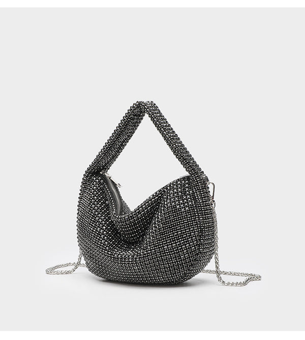 All-over crystal rhinestone hobo bag with silver chain strap and top handle, top zip closure, detail view 12