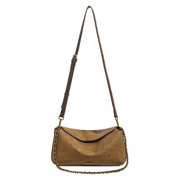 Croc-embossed pillow crossbody shoulder bag with gold-tone chain strap and flap closure, detail view 5