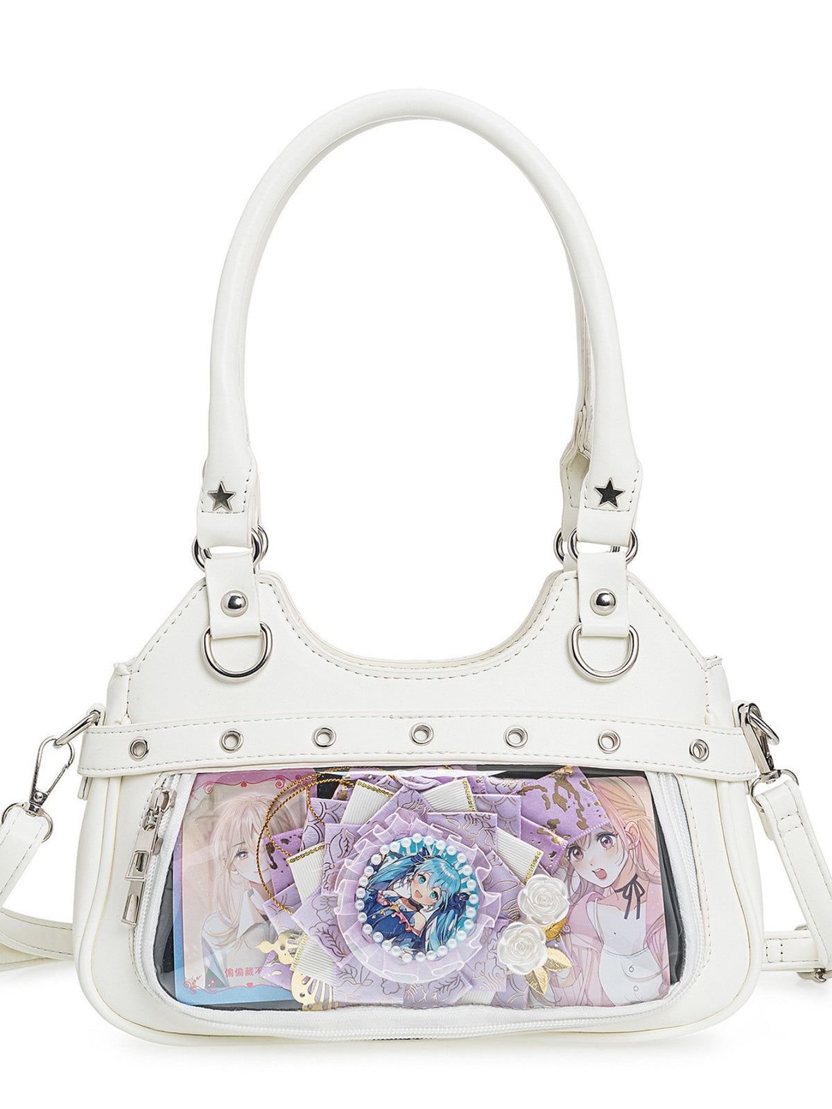 Small structured glossy leather-look crossbody bag with star-stud hardware, buckle strap detail, zip closure, and detachable