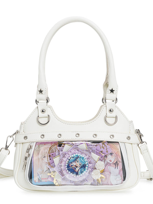 Small structured glossy leather-look crossbody bag with star-stud hardware, buckle strap detail, zip closure, and detachable