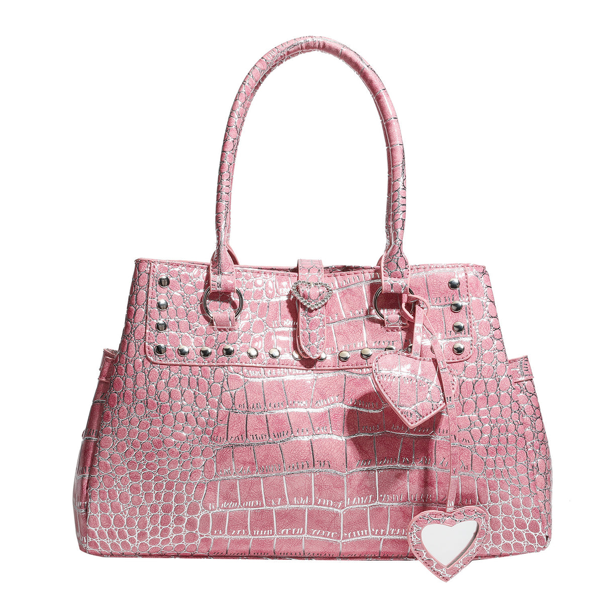 Blush pink glossy crocodile-embossed structured tote bag with studded trim, silver-tone hardware, double top handles, and