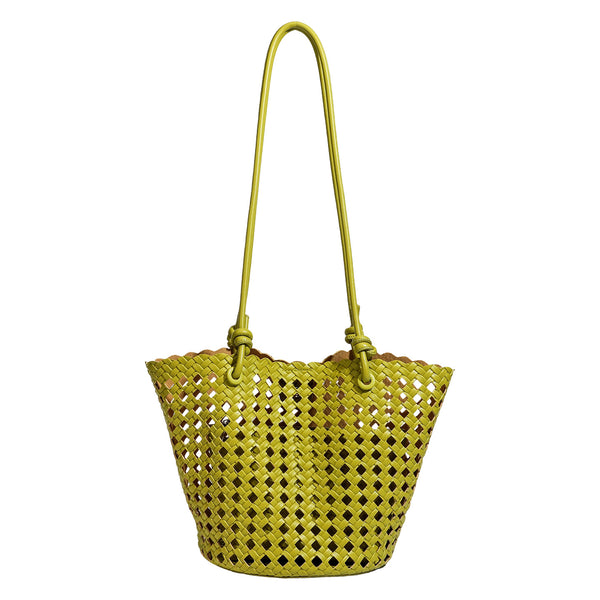 Open-weave lattice bucket tote bag with long knotted cord handles and tapered silhouette, detail view 5