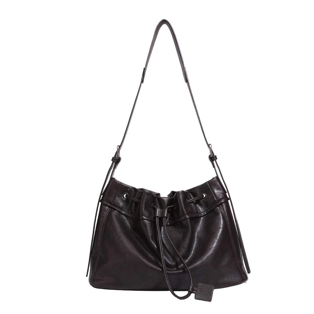 Slouchy drawstring bucket bag in dark brown leather-look finish with long adjustable shoulder strap and gathered tie closure