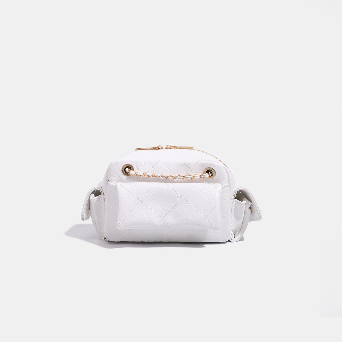 Compact quilted diamond-stitch crossbody bag with gold-tone chain strap and top zip closure, detail view 8