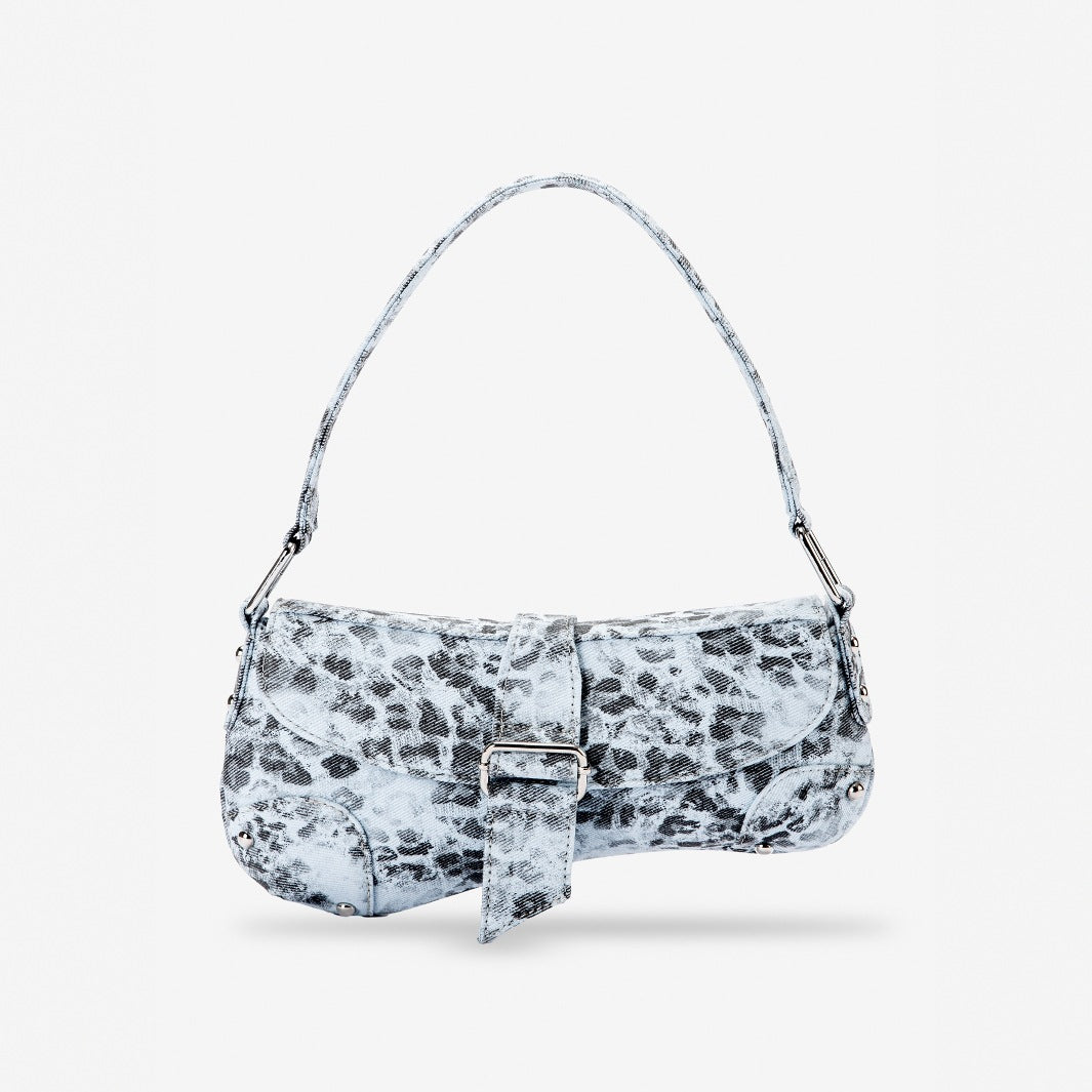 Small washed leopard print shoulder bag in blue-grey with silver buckle strap and stud accents, detail view 6