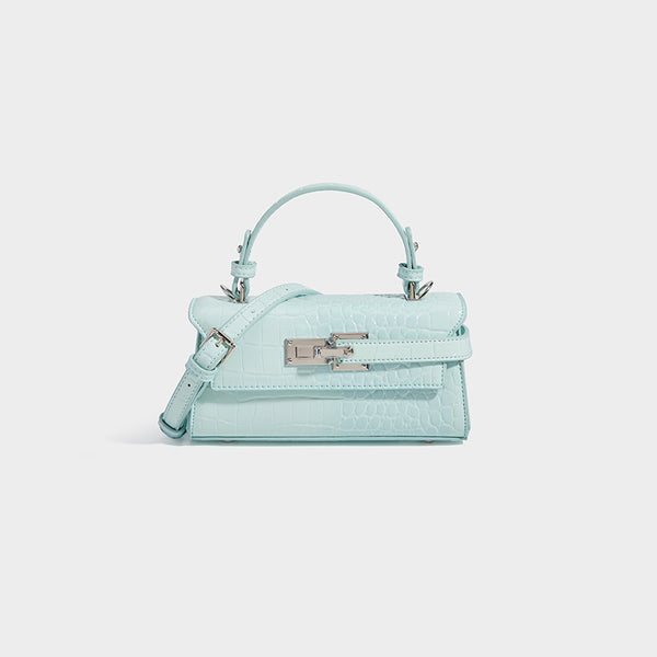 Mini-Henkeltasche mit strukturierter Form und Krokoprägung, silberfarbenem Drehverschluss und abnehmbarem Schulterriemen, Vorderansicht