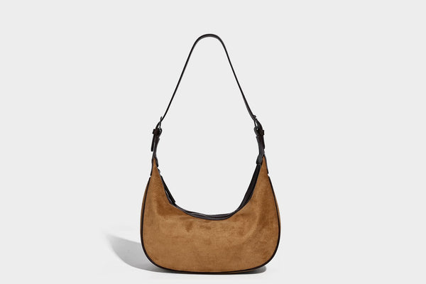 Crescent hobo shoulder bag in matte suede-look finish with black trim and adjustable strap, detail view 27