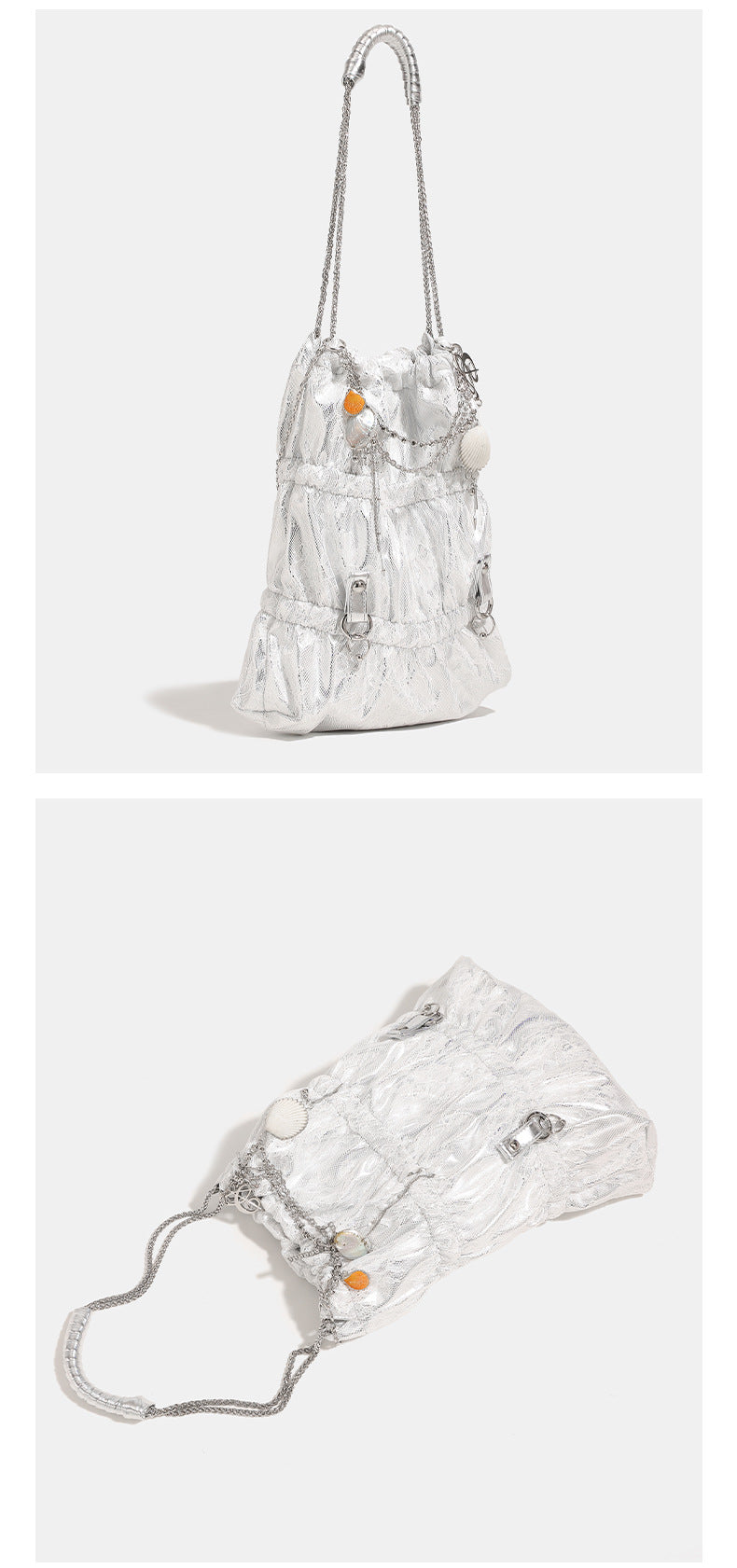 Slouchy lace-texture bucket bag with silver-tone chain strap, draped chain hardware, and shell charms, detail view 11