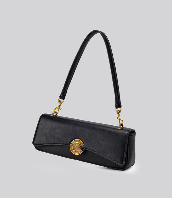 Structured rectangular flap bag with gold-tone circular turn-lock closure and detachable crossbody strap, detail view 9