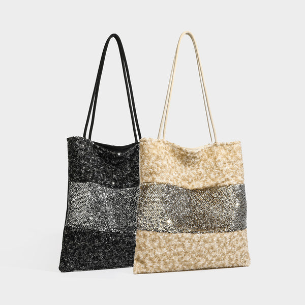 Soft rectangular sequin tote bag with colorblock metallic panels and long slim shoulder straps, detail view 2