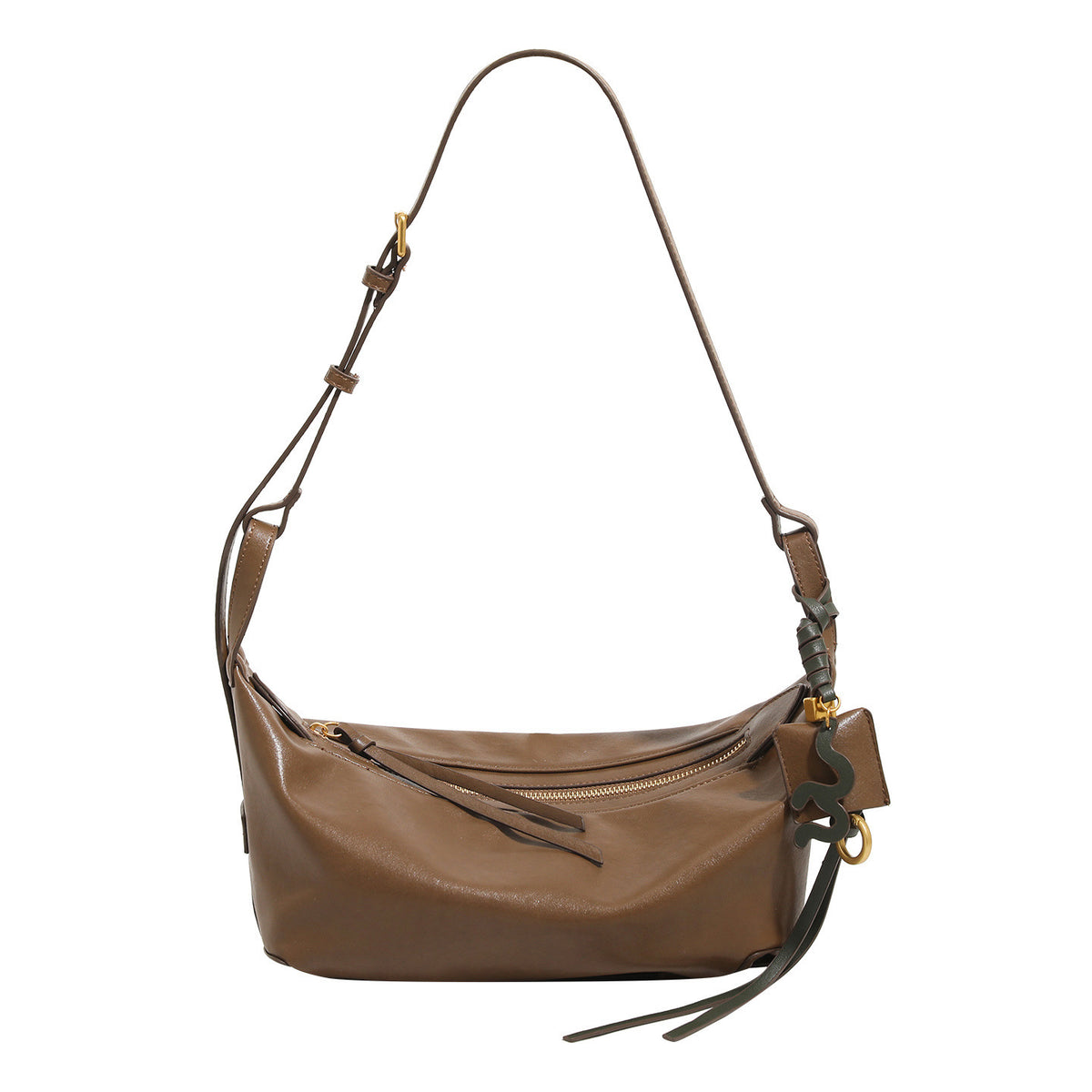 Weich fallende, halbmondförmige Hobo-Schultertasche mit glatter Lederoptik, Reißverschluss oben und goldfarbenen Beschlägen, Detailansicht