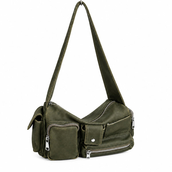 Slouchy multi-pocket leather-look shoulder bag with silver-tone hardware and adjustable strap, detail view 5