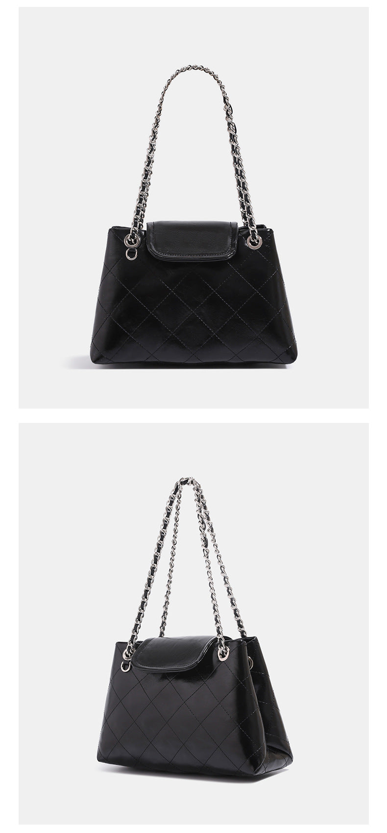 Quilted trapezoid shoulder bag with chain straps, flap closure, and ring hardware, detail view 11