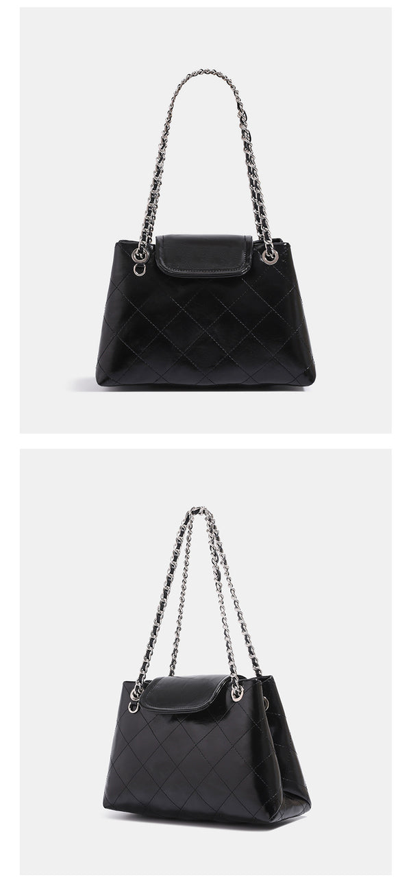 Quilted trapezoid shoulder bag with chain straps, flap closure, and ring hardware, detail view 11