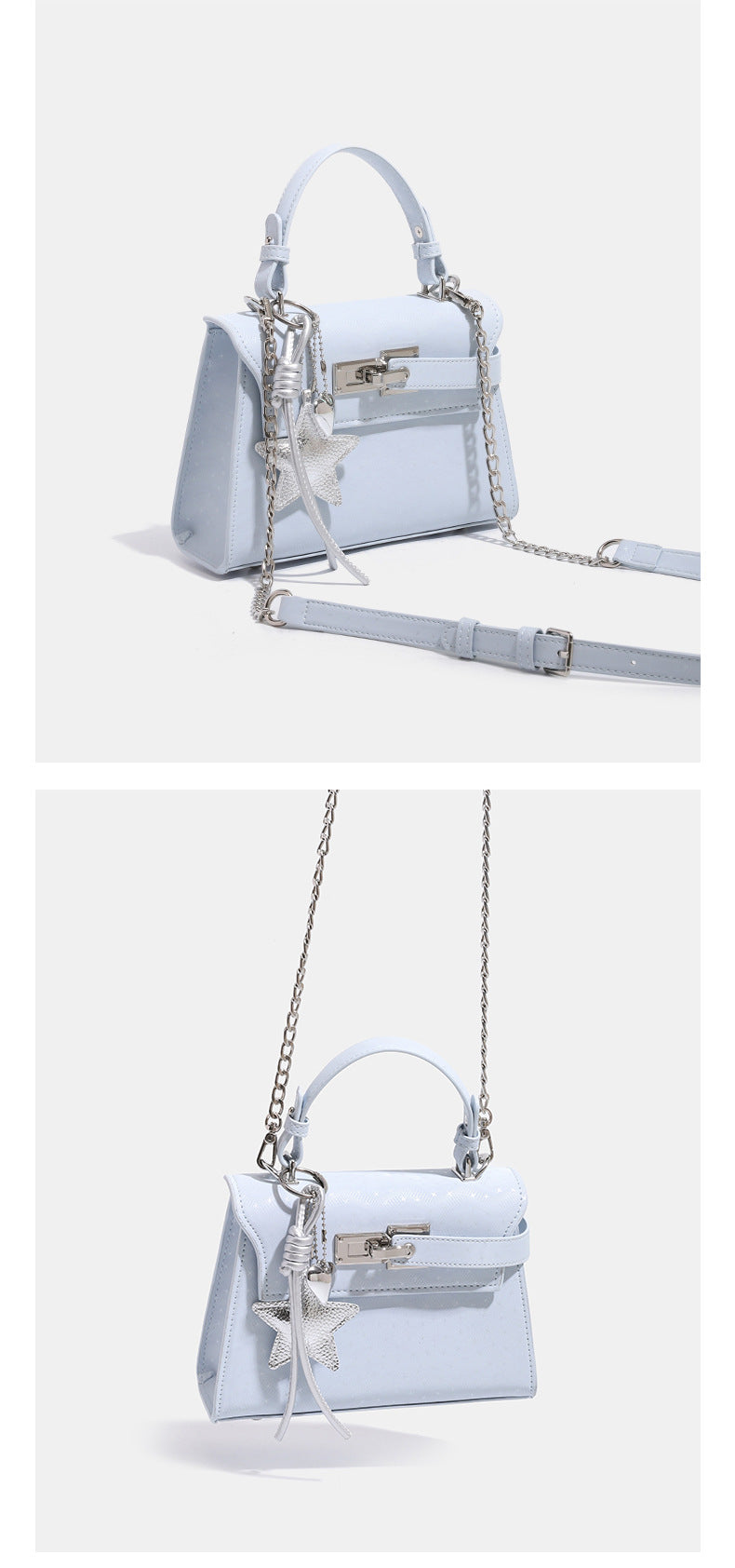 Miniatur-Trapeztasche mit strukturierter Form, geprägter Oberfläche, silberfarbenem Drehverschluss, Stern-Anhänger mit Kordelquasten