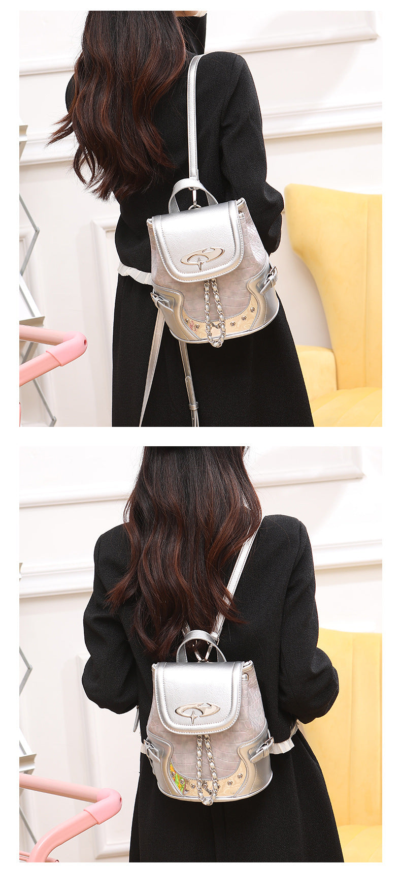 Croc-embossed mini backpack handbag with metallic silver flap, turn-lock closure, chain front detail, and top handle, detail