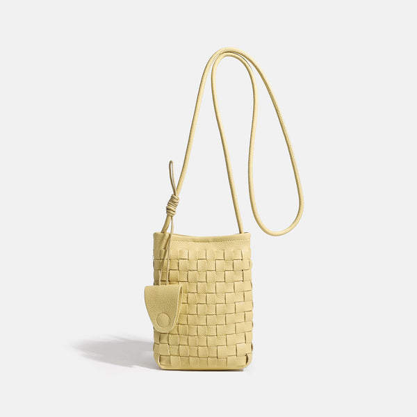 Mini woven square-pattern crossbody phone bag with long cord strap and front snap flap pocket in red textured leather-look
