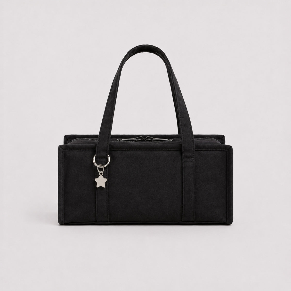 Structured rectangular retro plaid mini handbag with flower and star appliqués, silver star charm, and twin top handles