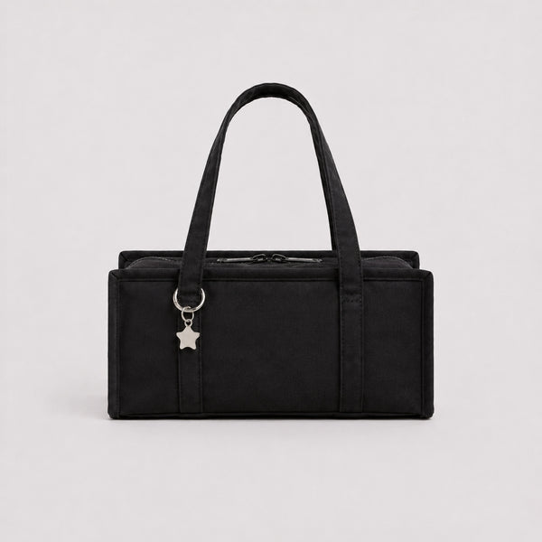 Structured rectangular retro plaid mini handbag with flower and star appliqués, silver star charm, and twin top handles