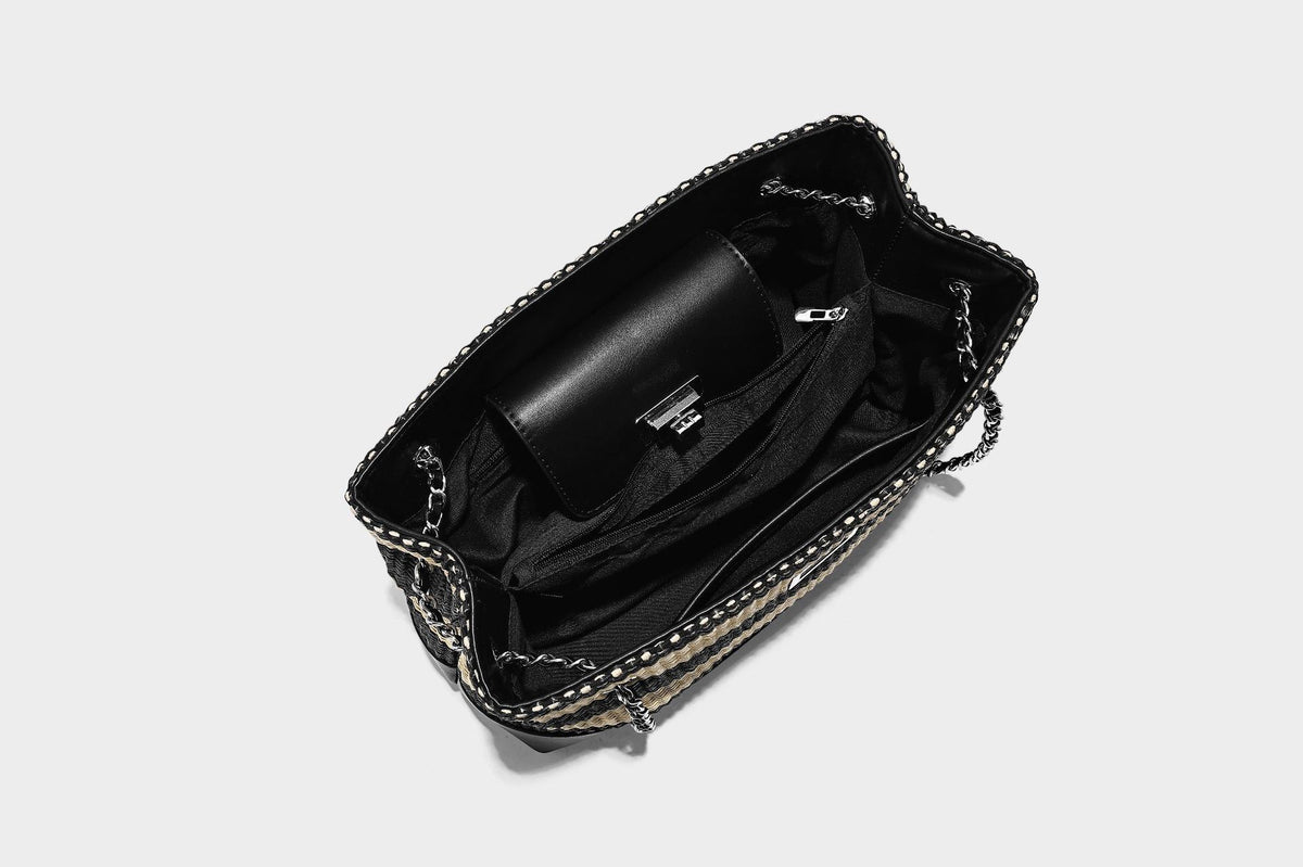 Structured black and beige striped woven shoulder bag with silver chain strap and turn-lock metal clasp, detail view 25