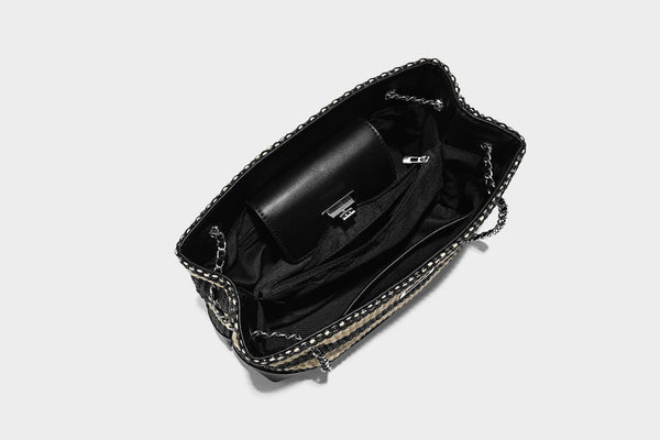 Structured black and beige striped woven shoulder bag with silver chain strap and turn-lock metal clasp, detail view 25