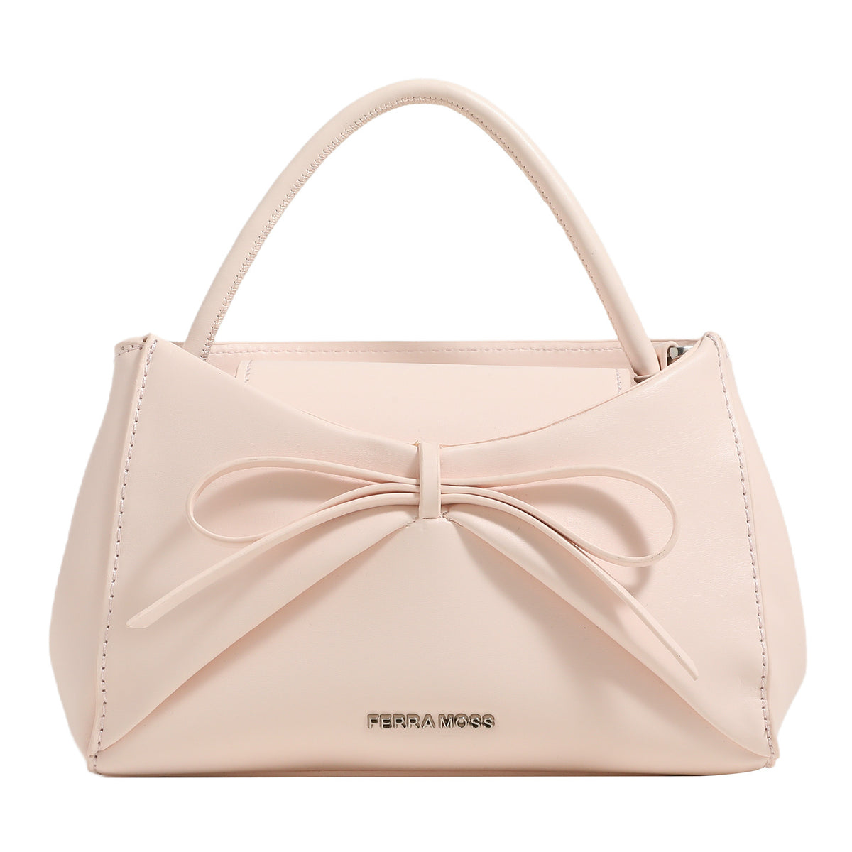 Structured mini trapezoid top-handle crossbody bag with sculpted bow front detail, smooth matte finish, silver-tone hardware