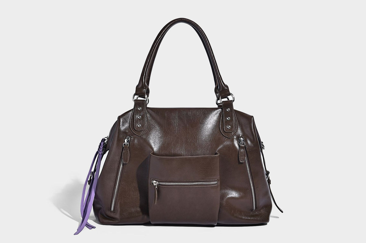 Glänzende strukturierte Tote-Henkeltasche mit zwei Tragegriffen, abnehmbarem Crossbody-Riemen, Reißverschlusstaschen auf der Vorderseite und silberfarbenen Beschlägen