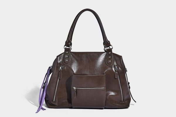 Glänzende strukturierte Tote-Henkeltasche mit zwei Tragegriffen, abnehmbarem Crossbody-Riemen, Reißverschlusstaschen auf der Vorderseite und silberfarbenen Beschlägen