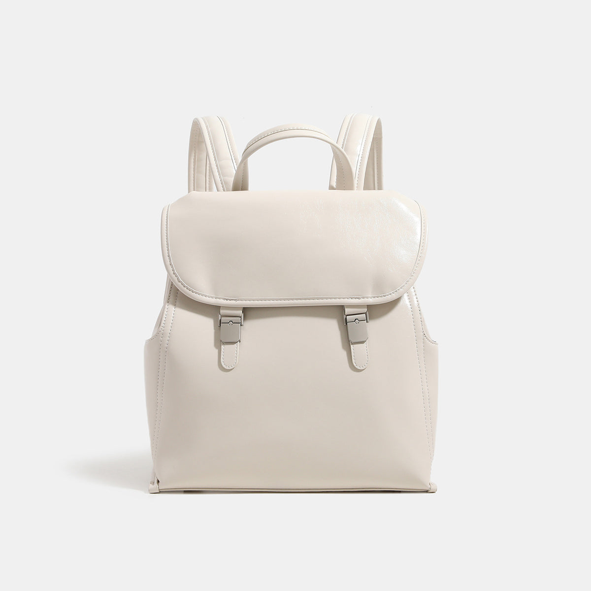 Structured glossy leather-look flap backpack with twin buckle closures and top grab handle, detail view 9