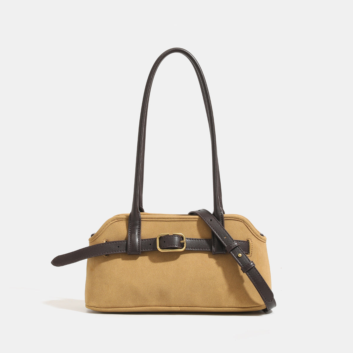 Kleine strukturierte Retro-Schultertasche mit Schnallendetail am Riemen, zwei Tragegriffen und goldfarbenen Beschlägen, Detailansicht 7