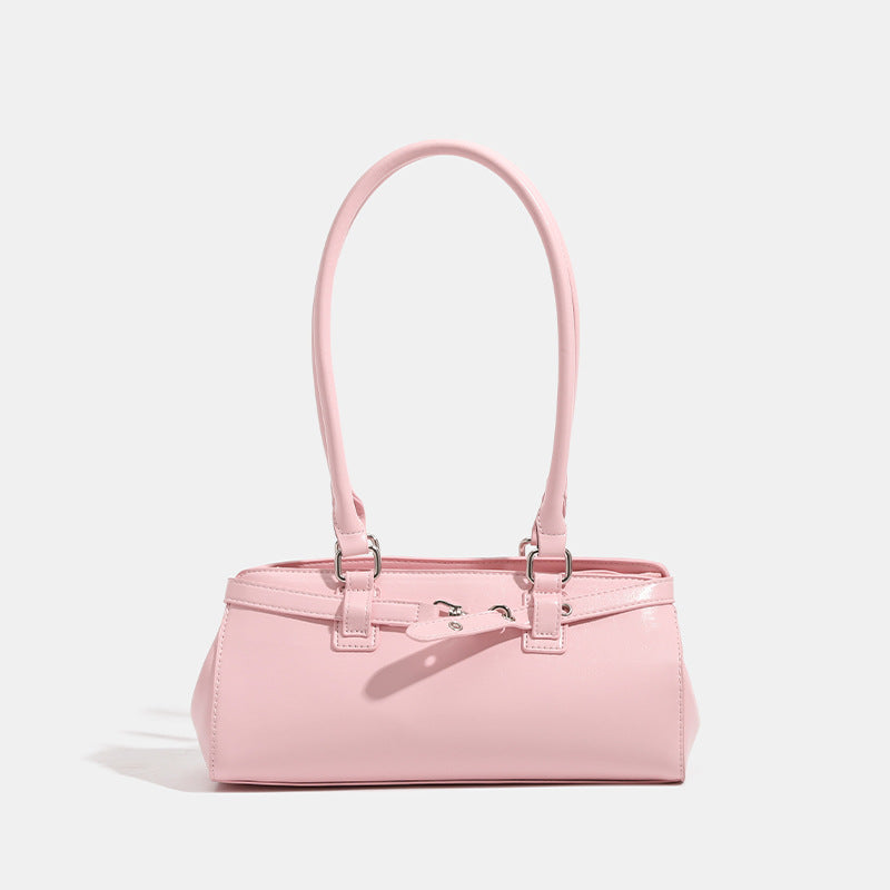 Glossy leather-look baguette shoulder bag with silver-tone hardware and buckle-strap detail, detail view 8