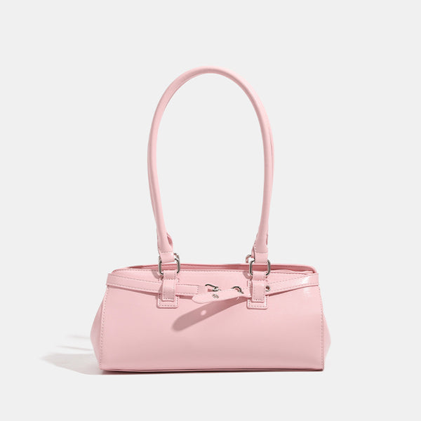 Glossy leather-look baguette shoulder bag with silver-tone hardware and buckle-strap detail, detail view 8