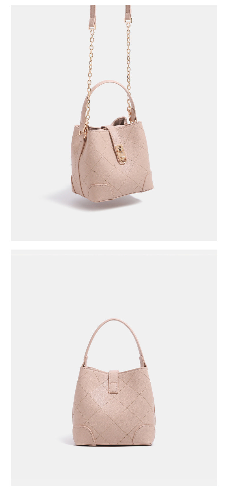 Kleine, formstabile gesteppte Beuteltasche mit Rautensteppung, vorderem Drehverschlussriemen, goldfarbenen Metalldetails und Tragegriff, Detailansicht