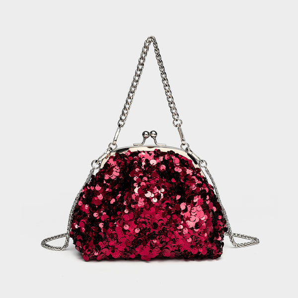 Small structured sequin kiss-lock evening bag with silver-tone chain strap in cream white, detail view 11