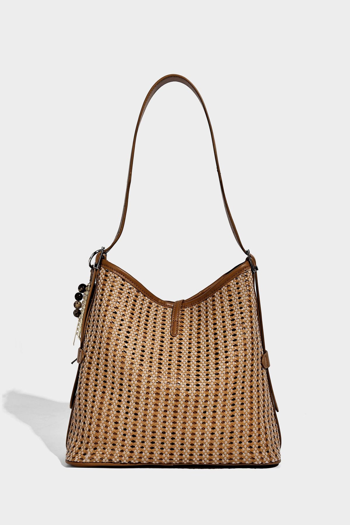Slouchy open-weave shoulder tote bag with leather-look tan trim, tie-front closure, and long adjustable strap, detail view 19