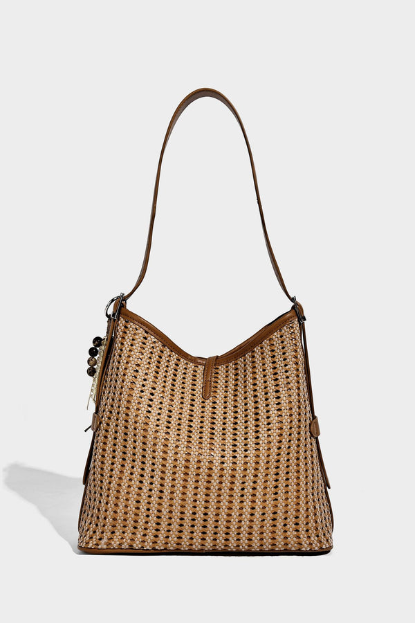 Slouchy open-weave shoulder tote bag with leather-look tan trim, tie-front closure, and long adjustable strap, detail view 19