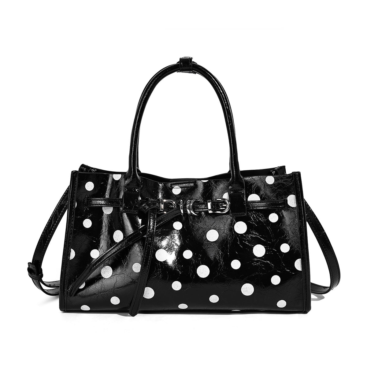 Structured glossy polka-dot tote bag with double top handles and front buckle hardware, detail view 5