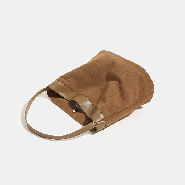 Vintage matte suede-effect bucket shoulder bag with smooth leather-look trim band and flat strap, detail view 3