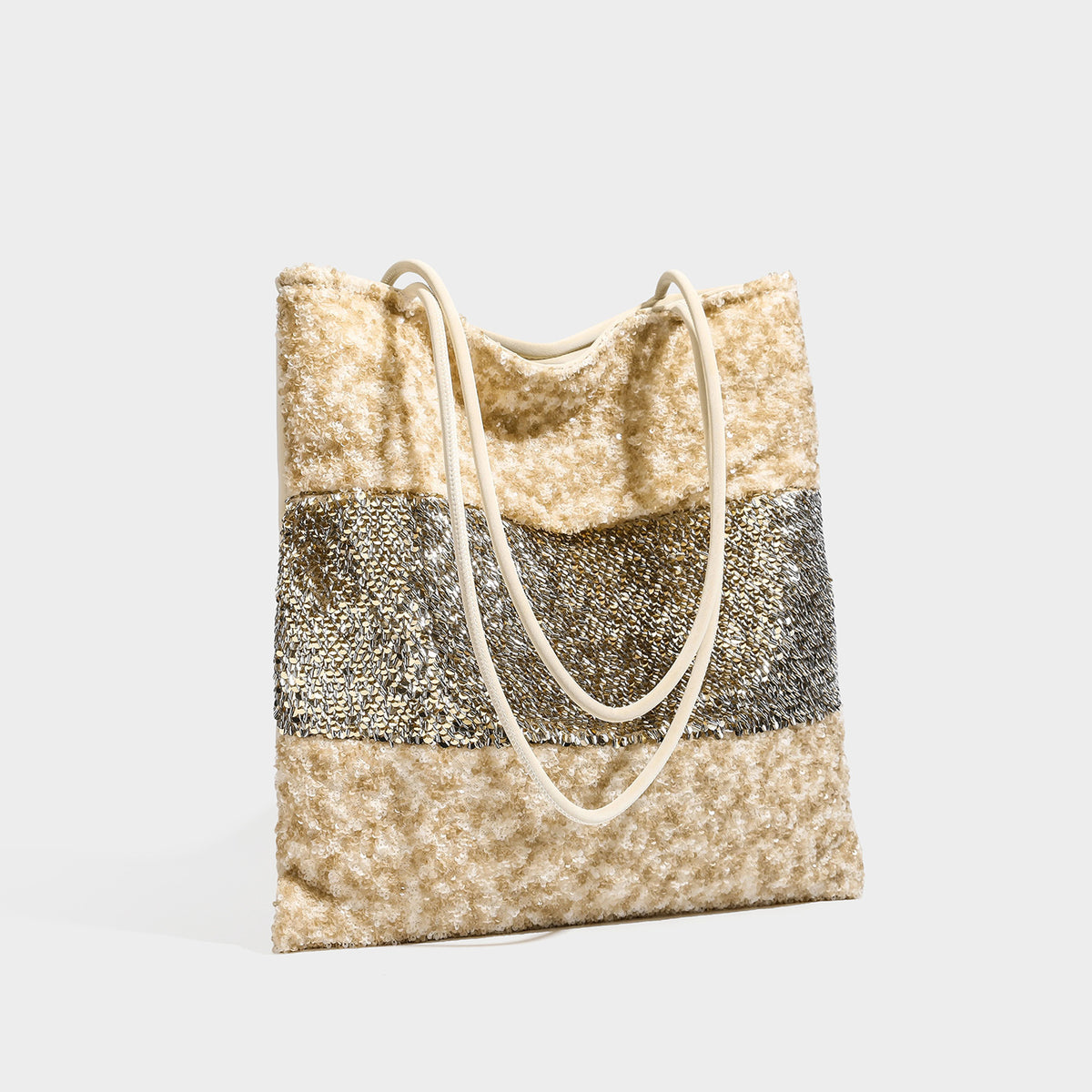 Sequin color-block shoulder tote bag with champagne and silver panels and cream leather-look straps, detail view 3