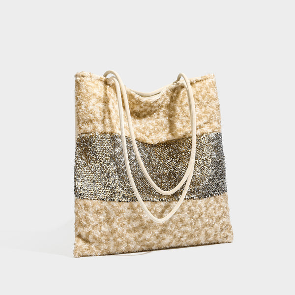 Sequin color-block shoulder tote bag with champagne and silver panels and cream leather-look straps, detail view 3