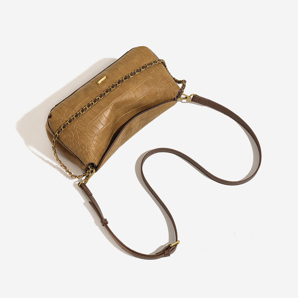 Croc-embossed pillow crossbody shoulder bag with gold-tone chain strap and flap closure, detail view 4